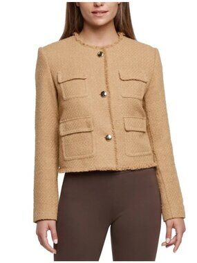 NWT Express Womens Tan Tweed Frayed Trim Button Front Boucle Blazer XXL